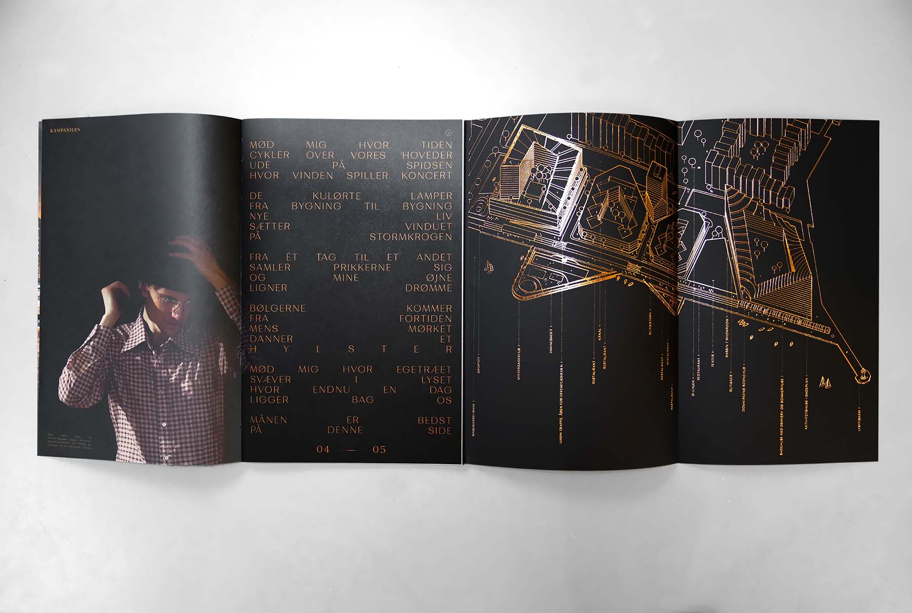 Magasinet indledes af et digt af den aarhusianske digter Daniel Boysen og kobberets glinsende farve optegner omridset af Aarhus Ø